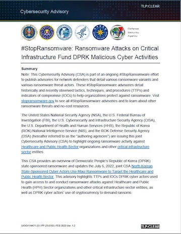 Thumbnail of first page for "CSA: Ransomware Attacks on Critical Infrastructure Fund DPRK Malicious Cyber Activities"