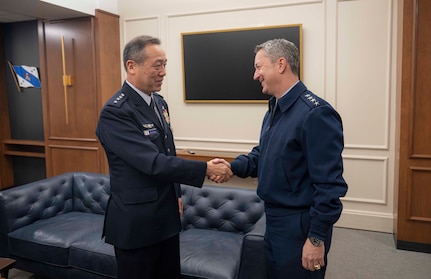 Chairman of the Joint Chiefs of Staff Gen. Dan Caine meets with Chief of Staff of the Japan Joint Staff Gen. Uchikura Hiroaki at the Pentagon in Washington, D.C., January 16, 2026.