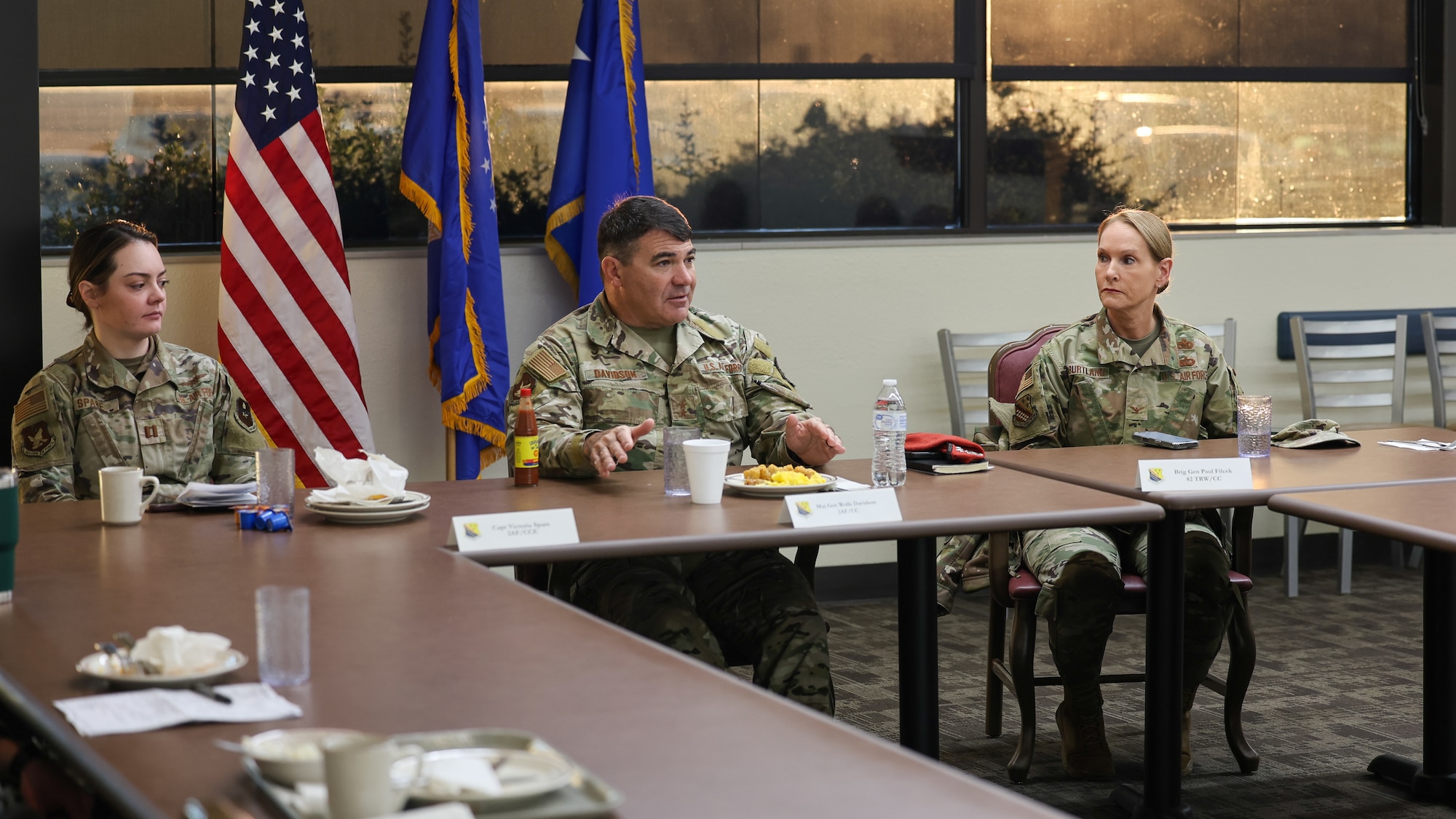U.S. Air Force Maj. Gen. Wolfe Davidson, Second Air Force commander, talks with company grade officers and U.S. Air Force Col. Kellie Courtland, 82nd Training Wing deputy commander, during the Company Grade Officers’ Council breakfast at Sheppard Air Force Base, Texas, Jan. 15, 2026.