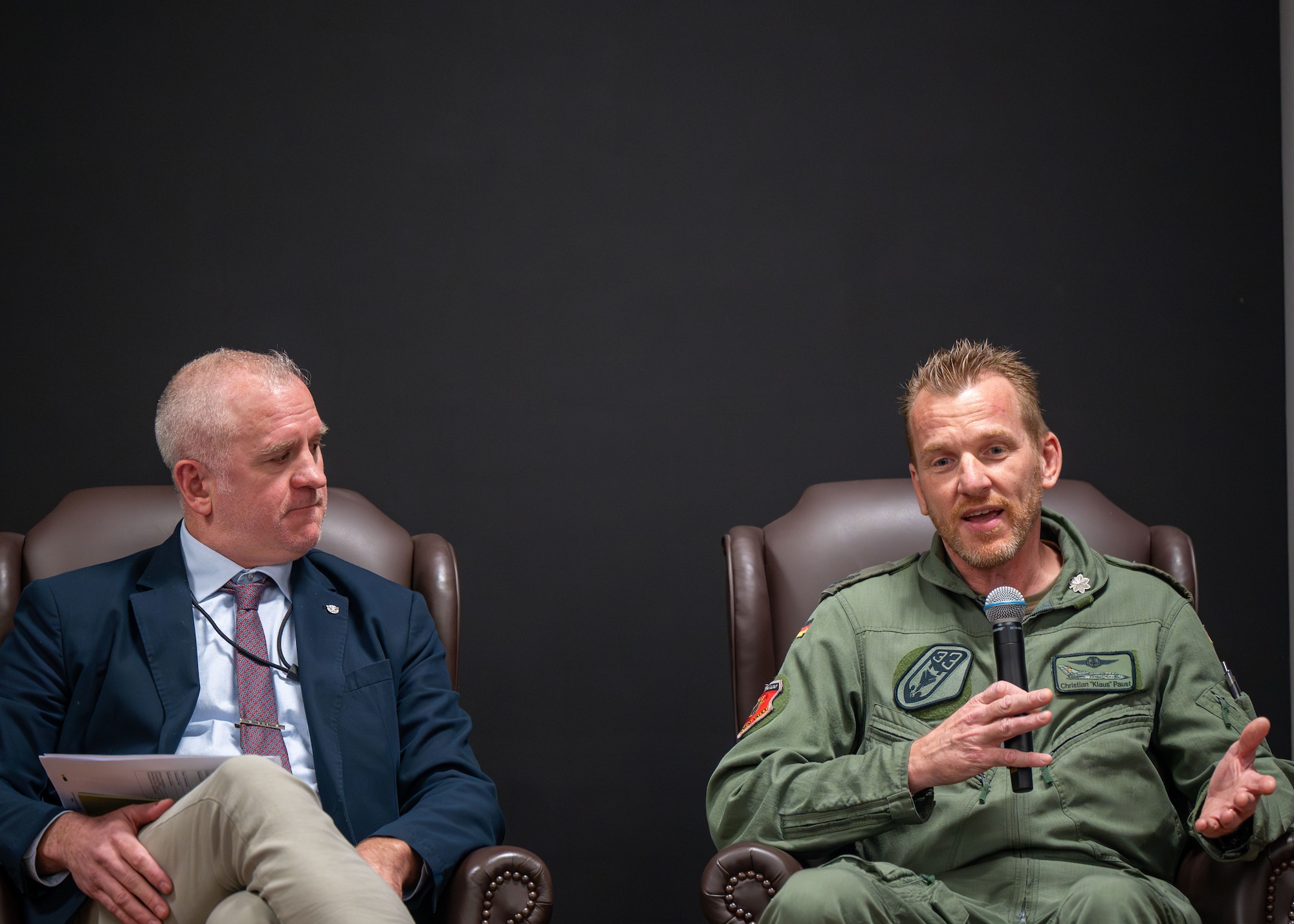 Lisle Babcock, LeMay Wargaming Institute director, and German Air Force Lt. Col. Christian Paust, Air War College instructor, participate in an "Educating the Warfighter Mindset for Airpower" panel at Maxwell Air Force Base, Alabama, Jan. 13, 2026.