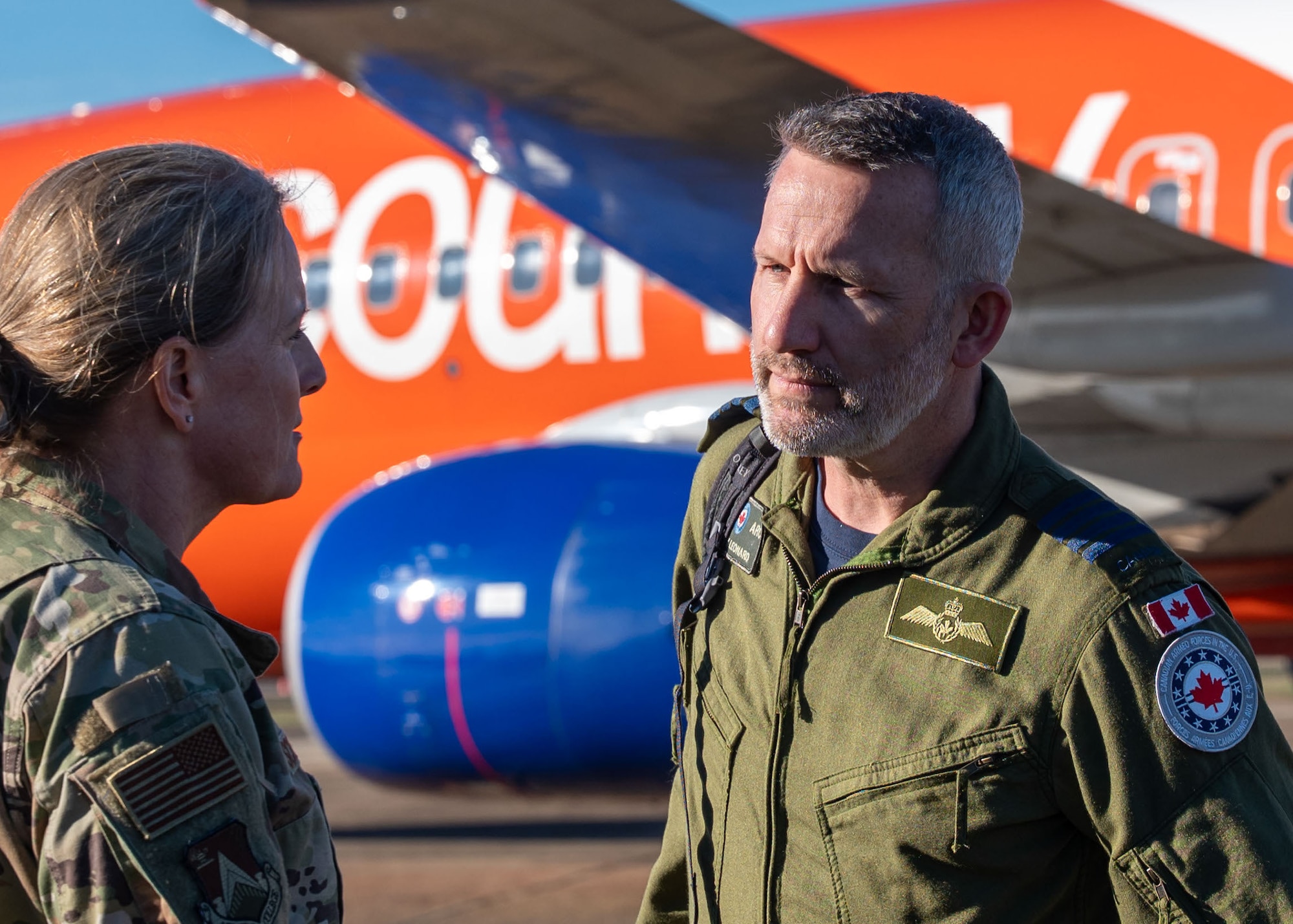 U.S. Air Force Brig. Gen. Jocelyn Schermerhorn, Air War College commander, speaks with Royal Canadian Air Force Col. Barry Leonard, Air and Space Attaché, during an International Air and Space Attaché orientation tour at Maxwell Air Force Base, Alabama, Jan. 13, 2026.