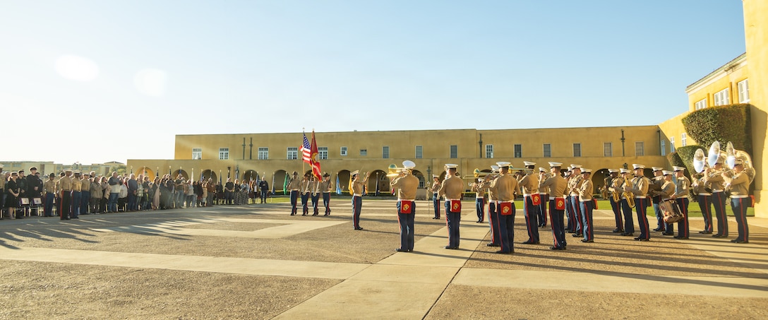 U.S. Marines with Marine Band San Diego, Headquarters and Service Battalion perform as part of a morning colors ceremony at Marine Corps Recruit Depot San Diego, California, Jan. 16, 2026. The morning colors ceremony is conducted to formally raise our nation’s flag and provide a brief moment to reflect on its meaning. (U.S. Marine Corps photo by Lance Cpl. Janell B. ValerioAlvarez)