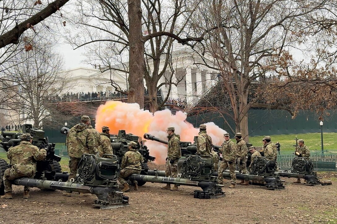 Howitzers fire cannon salute during inaugural ceremony