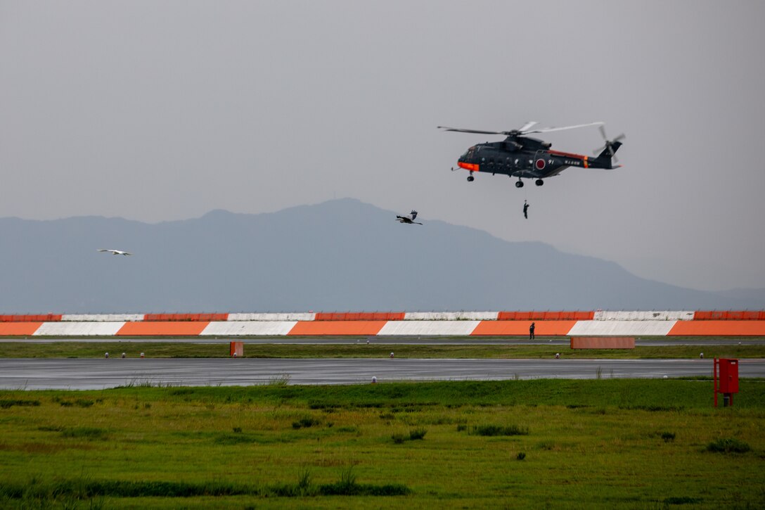 Wildlife flies away from the runway after being deterred by pyrotechnics to protect ongoing training during a Bird/Wildlife Aircraft Strike Hazard patrol of the flightline at Marine Corps Air Station Iwakuni, Japan, Oct. 3, 2025. The MCAS Iwakuni BASH program is designed to keep runways and the surrounding area free of any wildlife that could pose a threat to daily flight operations. (U.S. Marine Corps photo by Sgt. Randall Whiteman)
