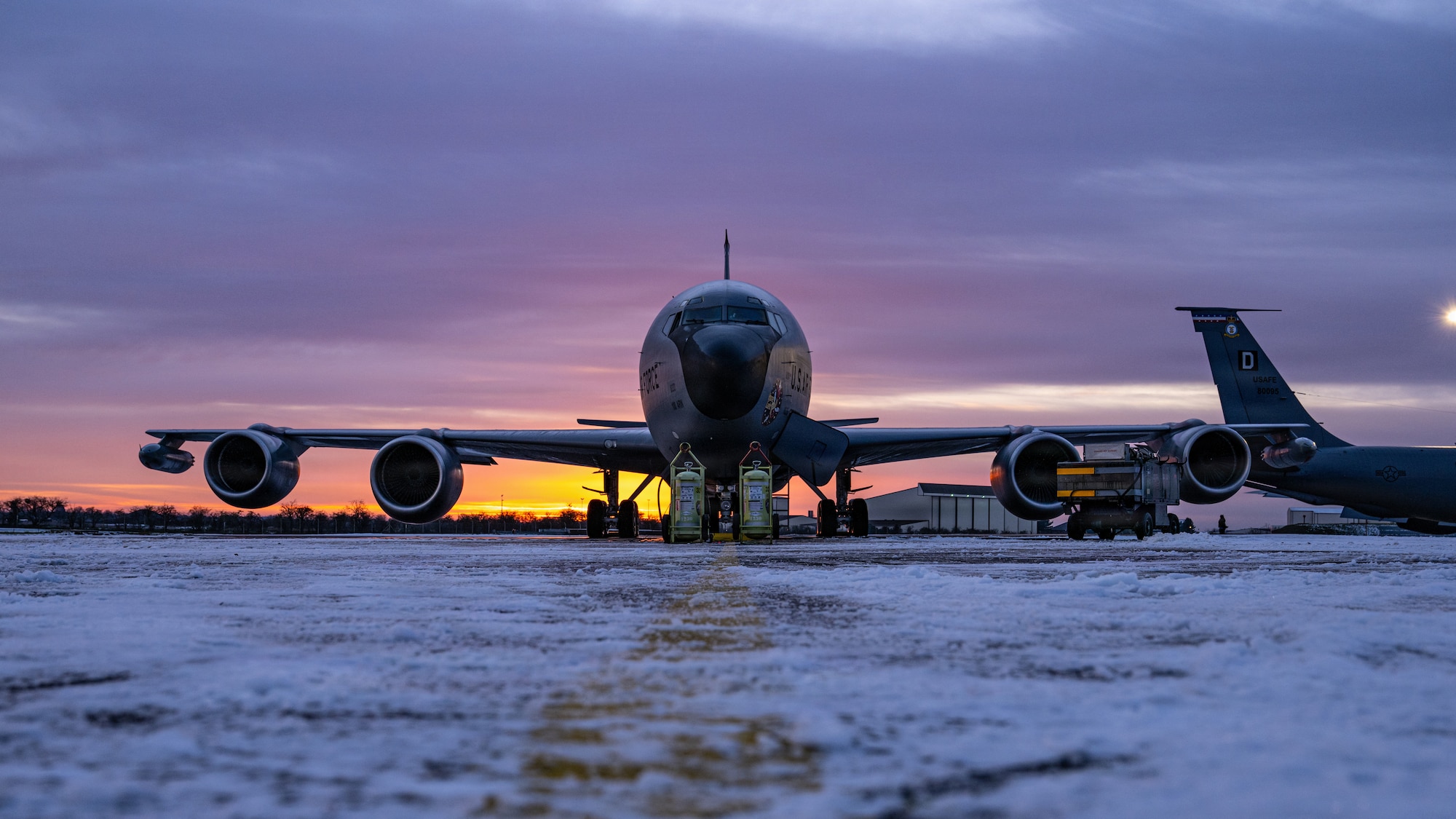 A U.S. Air Force KC-135 Stratotanker from the 100th Air Refueling Wing sits on the flightline at RAF Mildenhall, England, Jan. 6, 2026.
