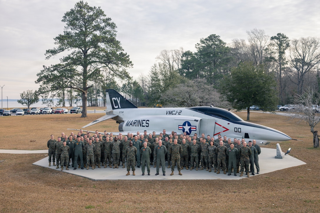 U.S. Marines with 2nd Marine Aircraft Wing pose for a photo during the January 2026 Senior Leaders' Conference at Marine Corps Air Station Cherry Point, North Carolina, Jan. 14, 2026. The January 2026 SLC brought together 2nd MAW O-6 and O-5 commanders, station commanders, their senior enlisted leaders, and 2nd MAW staff to enhance their understanding of key topics impacting 2nd MAW and improve mission effectiveness at each level of command. (U.S. Marine Corps photo by Chief Warrant Officer 2 Akeel Austin)