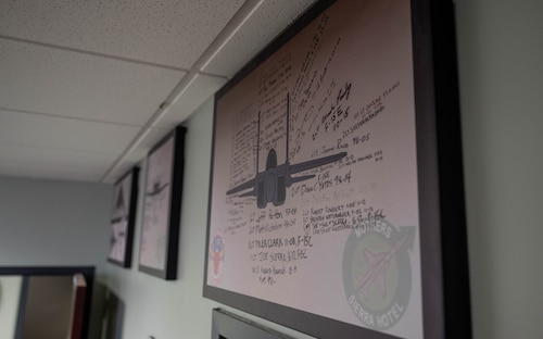 A canvas of an aircraft inside the new 87th Flying Training Squadron building is pictured.