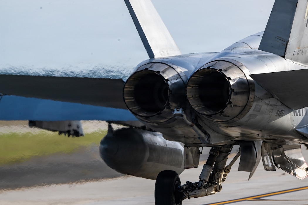 A U.S. Marine Corps assigned F/A-18C Hornet assigned to Marine Fighter Attack Squadron (VMFA) 312 taxis prior to a Combat Search and Rescue Training Exercise sortie at Moody Air Force Base, Georgia Jan. 13, 2026. CSARTE 26-1 strengthened joint interoperability by combining strike, escort and rescue aircraft into coordinated flight operations. (U.S. Air Force photo by Senior Airman Iain Stanley)