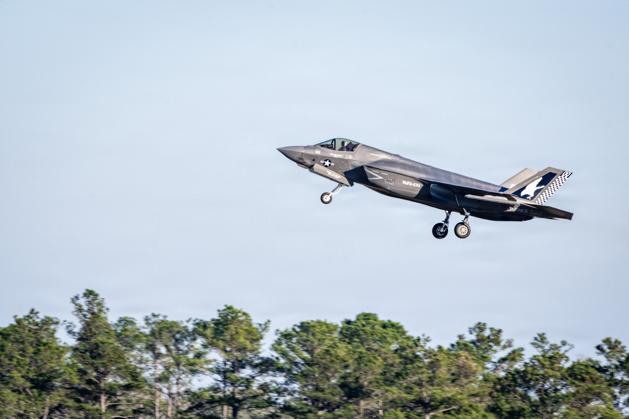 A U.S. Marine Corps F-35B Lightning II assigned to Marine Fighter Attack Squadron (VMFA) 533 takes off during Combat Search and Rescue Training Exercise 26-1 at Moody Air Force Base, Georgia. The joint exercise integrated Marine Corps and Air Force aviation assets to rehearse combat search and rescue flight operations in support of recovering isolated personnel in contested environments. (U.S. Air Force photo by Senior Airman Iain Stanley)