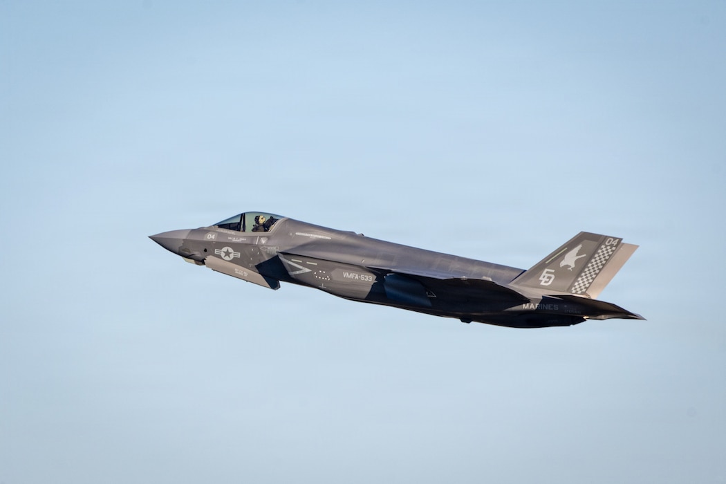 A U.S. Marine Corps F-35B Lightning II assigned to Marine Fighter Attack Squadron (VMFA) 533 takes off during Combat Search and Rescue Training Exercise 26-1 at Moody Air Force Base, Georgia. The joint exercise integrated Marine Corps and Air Force aviation assets to rehearse combat search and rescue flight operations in support of recovering isolated personnel in contested environments. (U.S. Air Force photo by Senior Airman Iain Stanley)