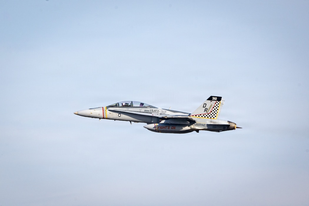 A U.S. Marine Corps F/A-18D Hornet assigned to Marine Fighter Attack Squadron (VMFA) 312 takes off during Combat Search and Rescue Training Exercise 26-1 at Moody Air Force Base, Georgia Jan. 13, 2026. The joint exercise integrated Marine Corps and Air Force aviation assets to practice coordinated flight operations in support of combat search and rescue missions in contested environments. (U.S. Air Force photo by Senior Airman Iain Stanley)