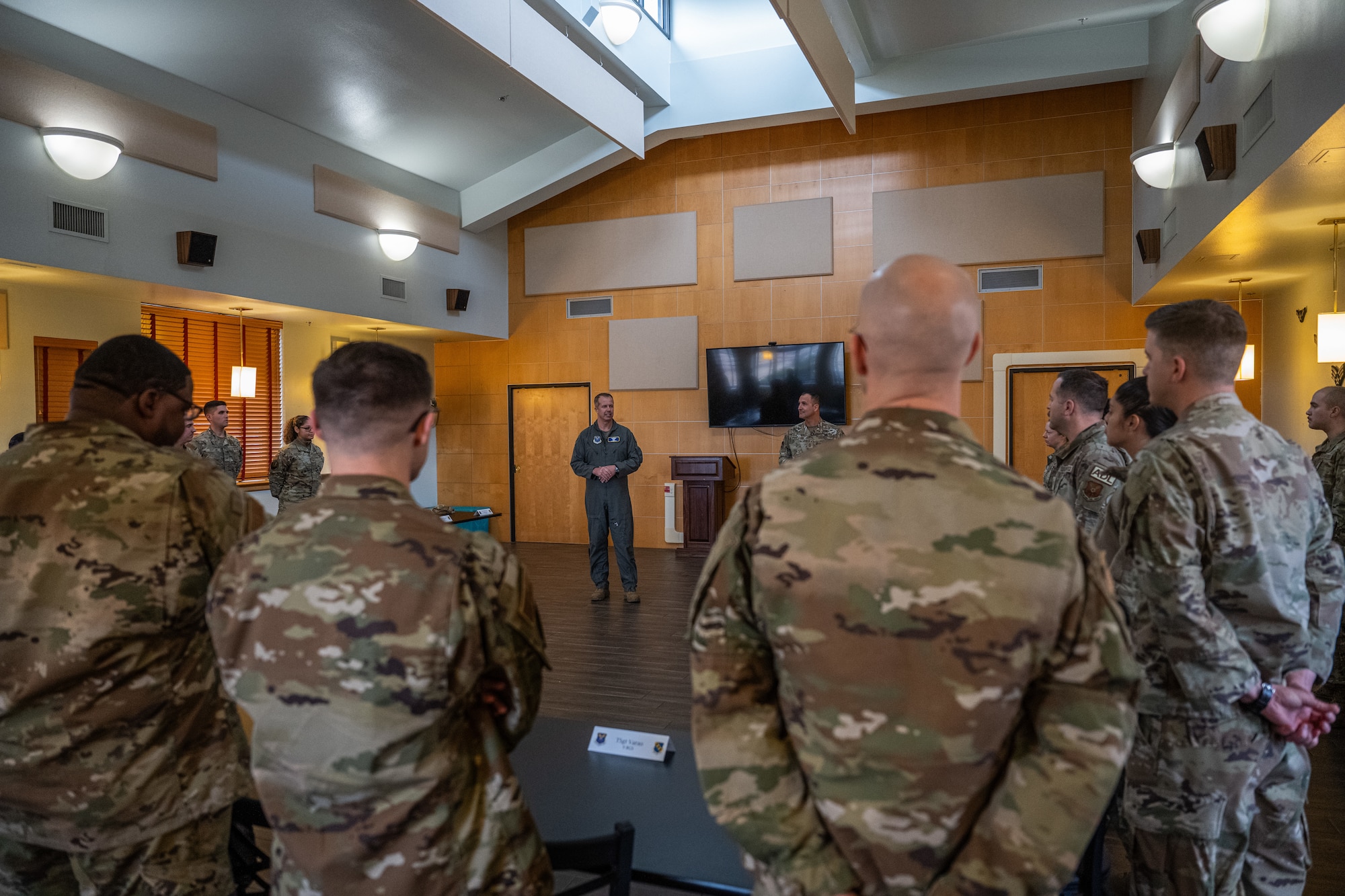 U.S. Air Force Maj. Gen. Ty Neuman, Eighth Air Force and Joint-Global Strike Operations Center commander, addresses Dyess Airmen during lunch at Dyess Air Force Base, Texas, Jan. 13, 2026. The 8th AF command team spent the day meeting Airmen and touring various facilities to get a firsthand look at how Dyess is modernizing facilities in preparation for receiving the B-21 Raider aircraft. (U.S. Air Force photo by Airman 1st Class Caleb Schellenberg)