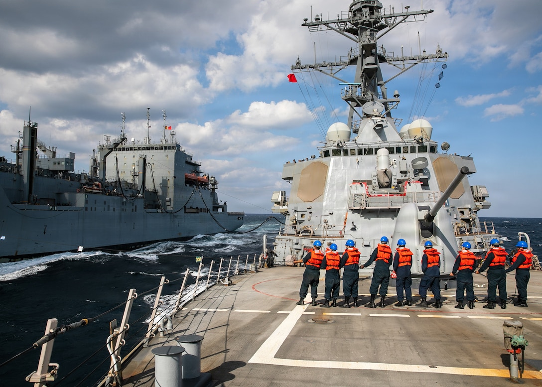U.S. Sailors handle a phone and distance line on the foc’sle of the Arleigh Burke-class guided-missile destroyer USS Mitscher (DDG 57) during a replenishment-at-sea with the Lewis and Clark-class dry cargo ship USNS Carl Brashear (T-AKE 7), Jan. 18, 2025. Mitscher is deployed to the U.S. 5th Fleet area of operations to support maritime security and stability in the U.S. Central Command area of responsibility.