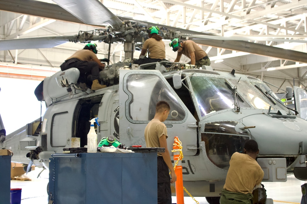 Sailors doing Helicopter maintenance.