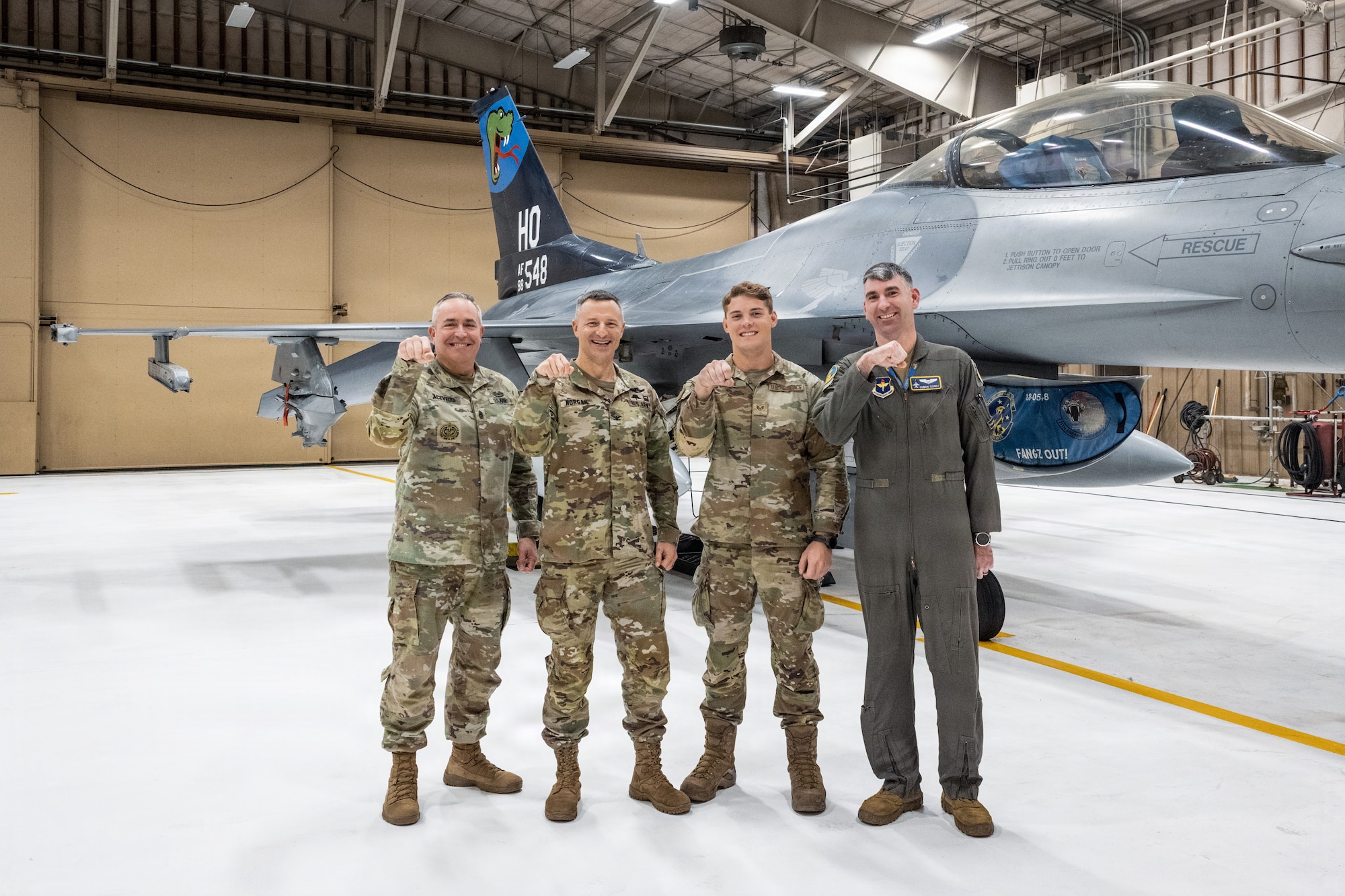 The White Sands Missile Range command team poses for a photo with members of the 311th Aircraft Maintenance Unit and 311th Fighter Squadron at Holloman Air Force Base, New Mexico, Jan. 13, 2026.
