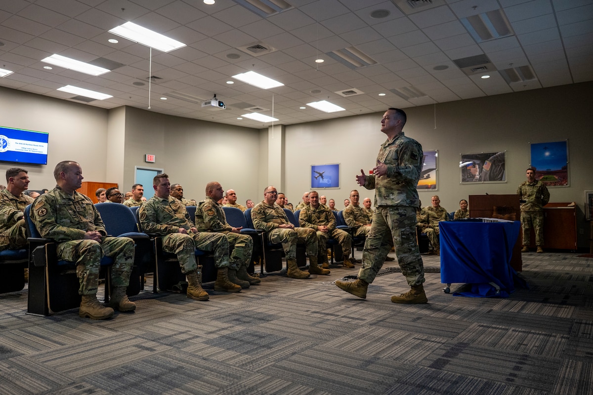U.S. Air Force Chief Master Sgt. Josh Moore, command chief, Air National Guard, speaks to graduates of the Chief Master Sergeant Orientation Course (CMSOC) on January 9, 2026, at McGhee Tyson Air National Guard Base, Tennessee. The I.G. Brown Training and Education Center hosted the CMSOC, which provides newly selected chief master sergeants with advanced leadership education and a strategic-level perspective. (U.S. Air National Guard photo by Master Sgt. Teri Eicher)