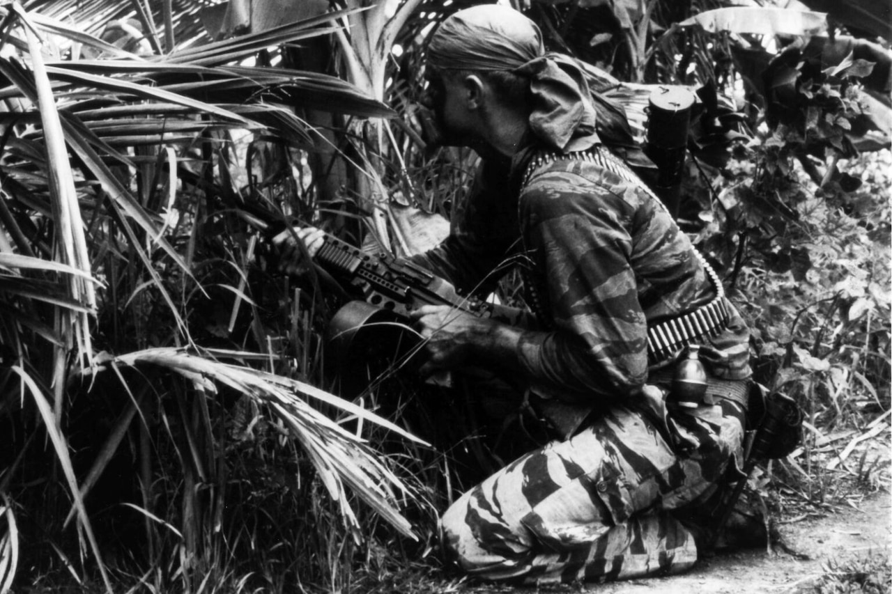 A man wearing a tiger-striped uniform and bandana holds onto an automatic weapon while crouching behind jungle plants.