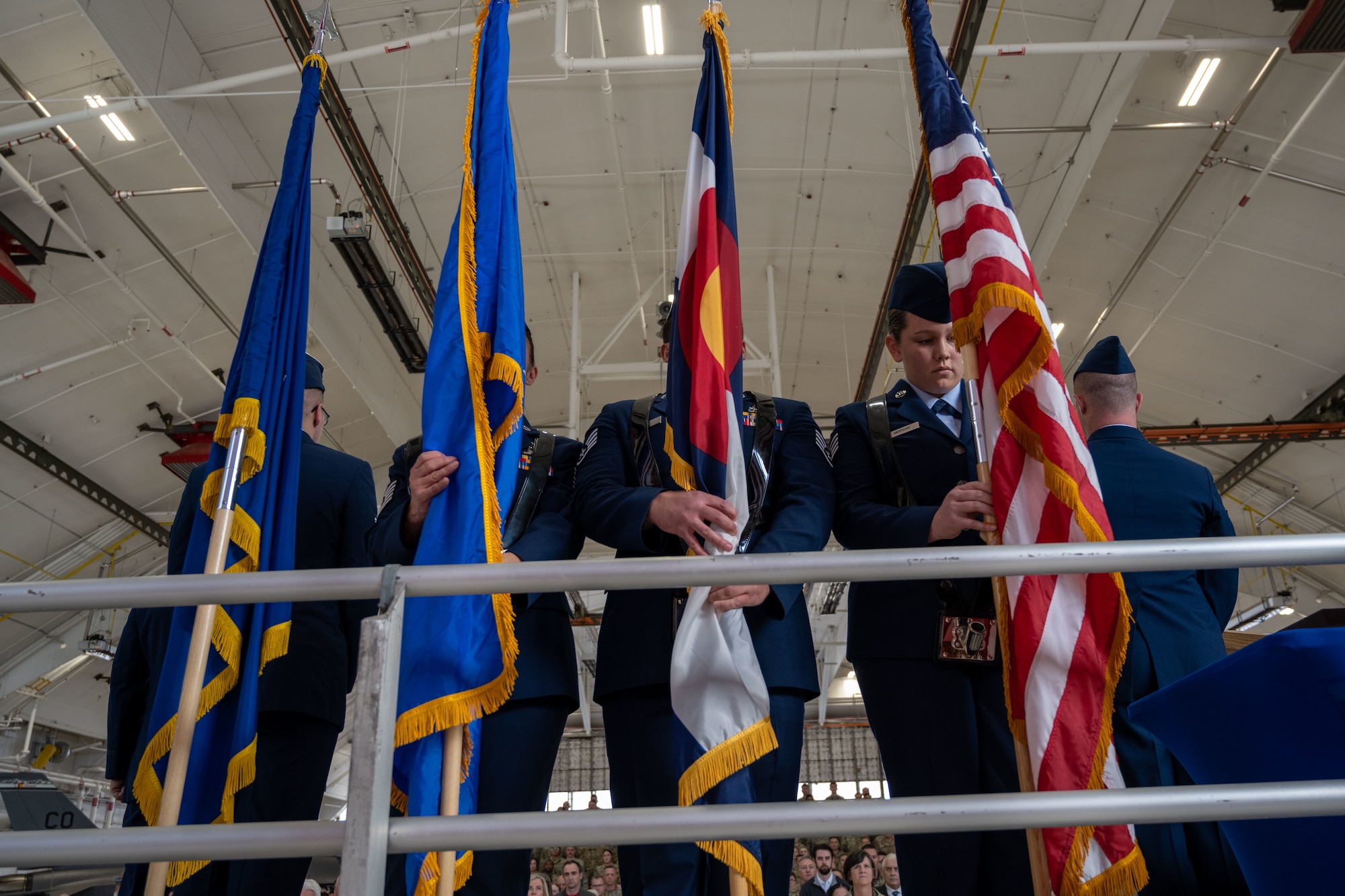 U.S. Air Force, Colorado National Guard, 140th Wing Honor Guard post the colors during a change of command ceremony at Buckley Space Force Base, Aurora, Colorado Nov. 3, 2024.