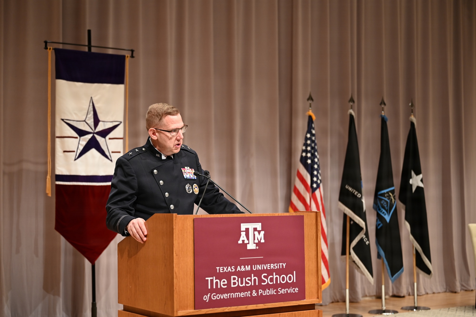 U.S. Space Force Maj. Gen. James E. Smith, commander of Space Training and Readiness Command, speaks during the Captain’s Leadership Course kickoff ceremony held in partnership with Texas A&M University in College Station, Texas, Jan. 20, 2026. Smith addressed the inaugural cohort on the importance of leadership development as the Space Force begins the four-week professional military education course for captains.