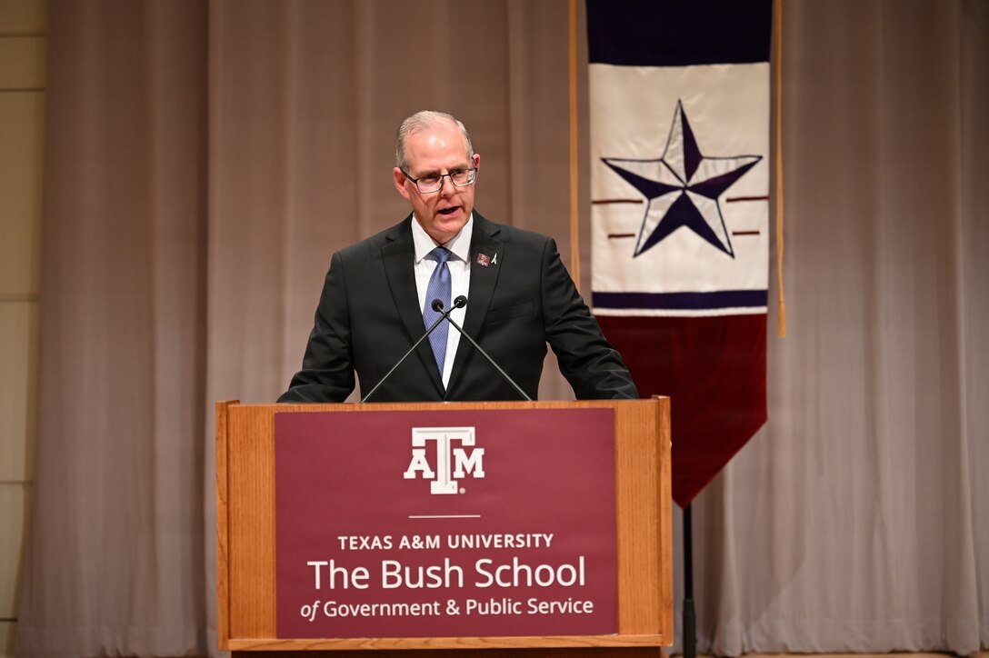 The Honorable John Sherman, dean of Texas A&M University’s Bush School of Government and Public Service, speaks during the Captain’s Leadership Course kickoff ceremony in College Station, Texas, Jan. 20, 2026. The partnership supports Space Training and Readiness Command’s effort to combine military expertise with civilian academic education for professional military education.