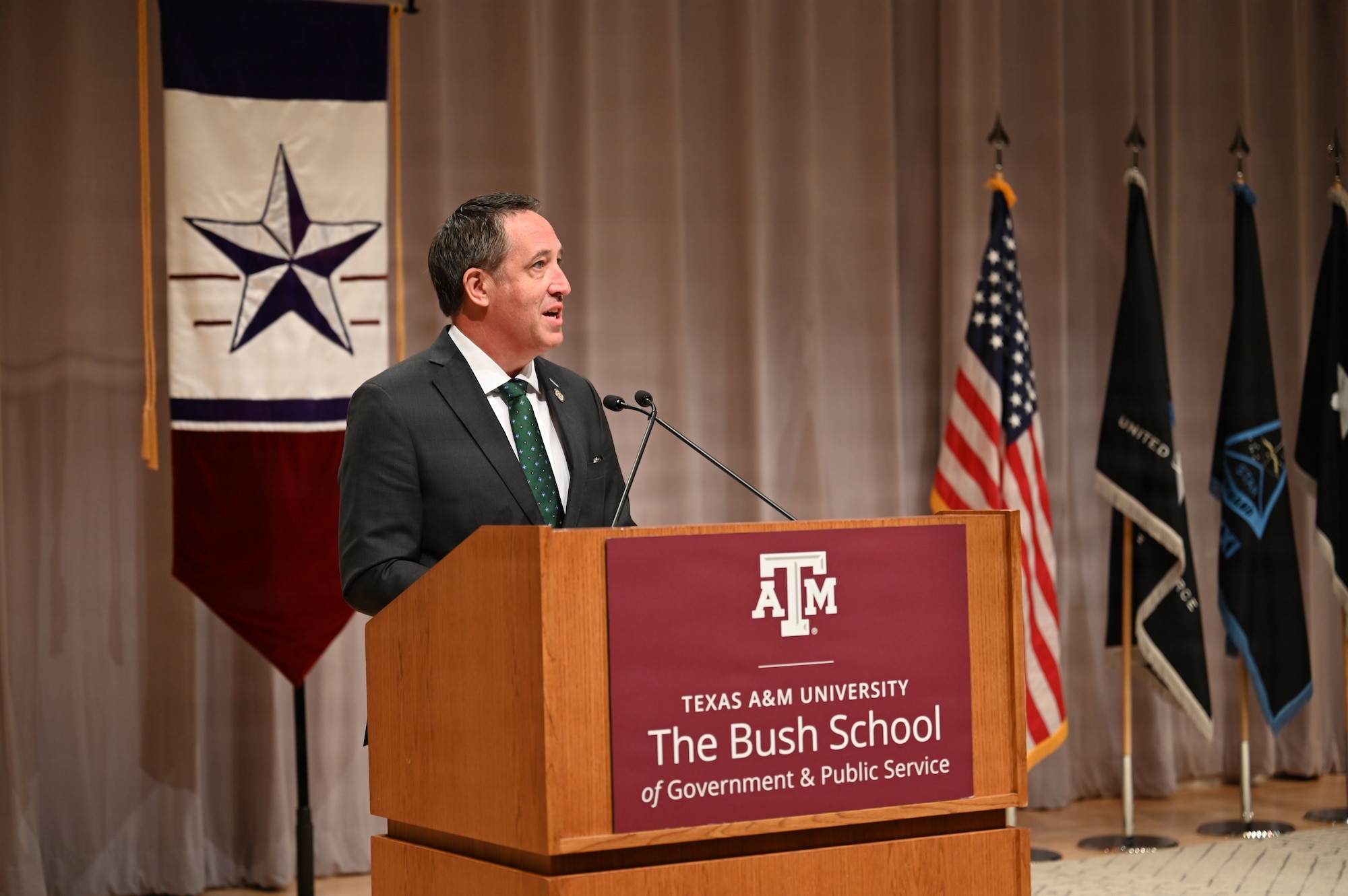 Glenn Hegar, chancellor of Texas A&M University Systems, addresses attendees during the Captain’s Leadership Course kickoff ceremony in College Station, Texas, Jan. 20, 2026. University leaders emphasized Texas A&M’s role in supporting Space Training and Readiness Command’s development mission.