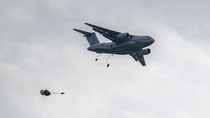 Japan Ground Self-Defense Force (JGSDF) 1st Airborne Brigade paratroopers conduct a static line jump for Northern Trilogy 2026 at Oujojibara Training Area, Japan, Jan. 17, 2026.