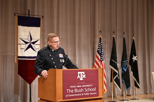 U.S. Space Force Maj. Gen. James E. Smith, commander of Space Training and Readiness Command, speaks during the Captain’s Leadership Course kickoff ceremony held in partnership with Texas A&M University in College Station, Texas, Jan. 20, 2026. Smith addressed the inaugural cohort on the importance of leadership development as the Space Force begins the four-week professional military education course for captains.