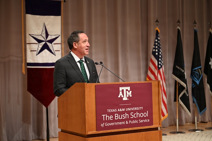 Glenn Hegar, chancellor of Texas A&M University Systems, addresses attendees during the Captain’s Leadership Course kickoff ceremony in College Station, Texas, Jan. 20, 2026. University leaders emphasized Texas A&M’s role in supporting Space Training and Readiness Command’s development mission.
