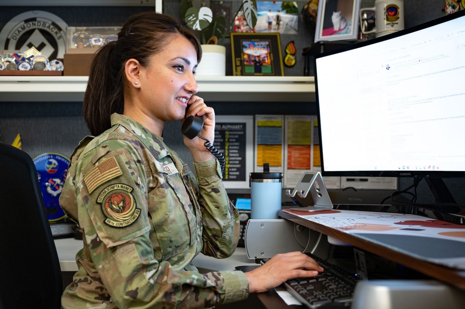 U.S. Air Force Senior Airman Amal Djezzar, 99th Contracting Squadron contract specialist, supports acquisition operations at Nellis Air Force Base, Nevada, July 22, 2025.