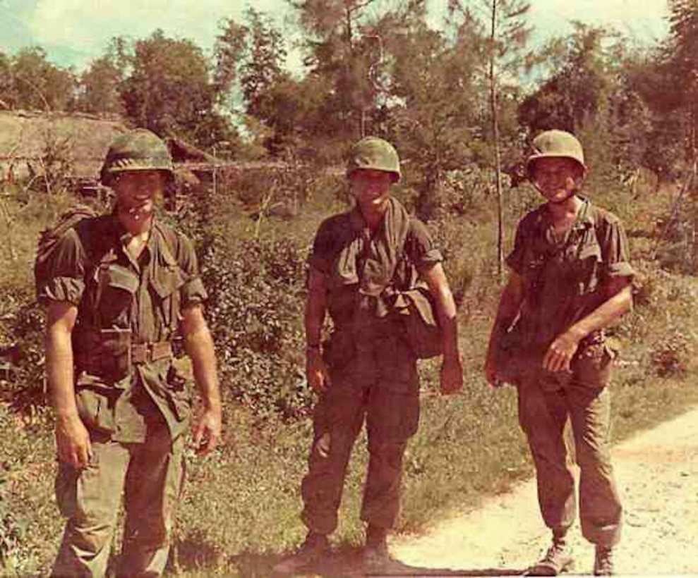 Lt. Vincent Capodanno, right, a chaplain with Mike Company, 3rd Battalion, 5th Marine Regiment, and two U.S. Marines in the same unit pose for a photo before Operation Swift in Vietnam, Sept. 4, 1967. Lt. Capodanno’s dedication and care for his Marines earned him the highest respect of those who served with him. For his selfless bravery, he was awarded the Medal of Honor, posthumously.