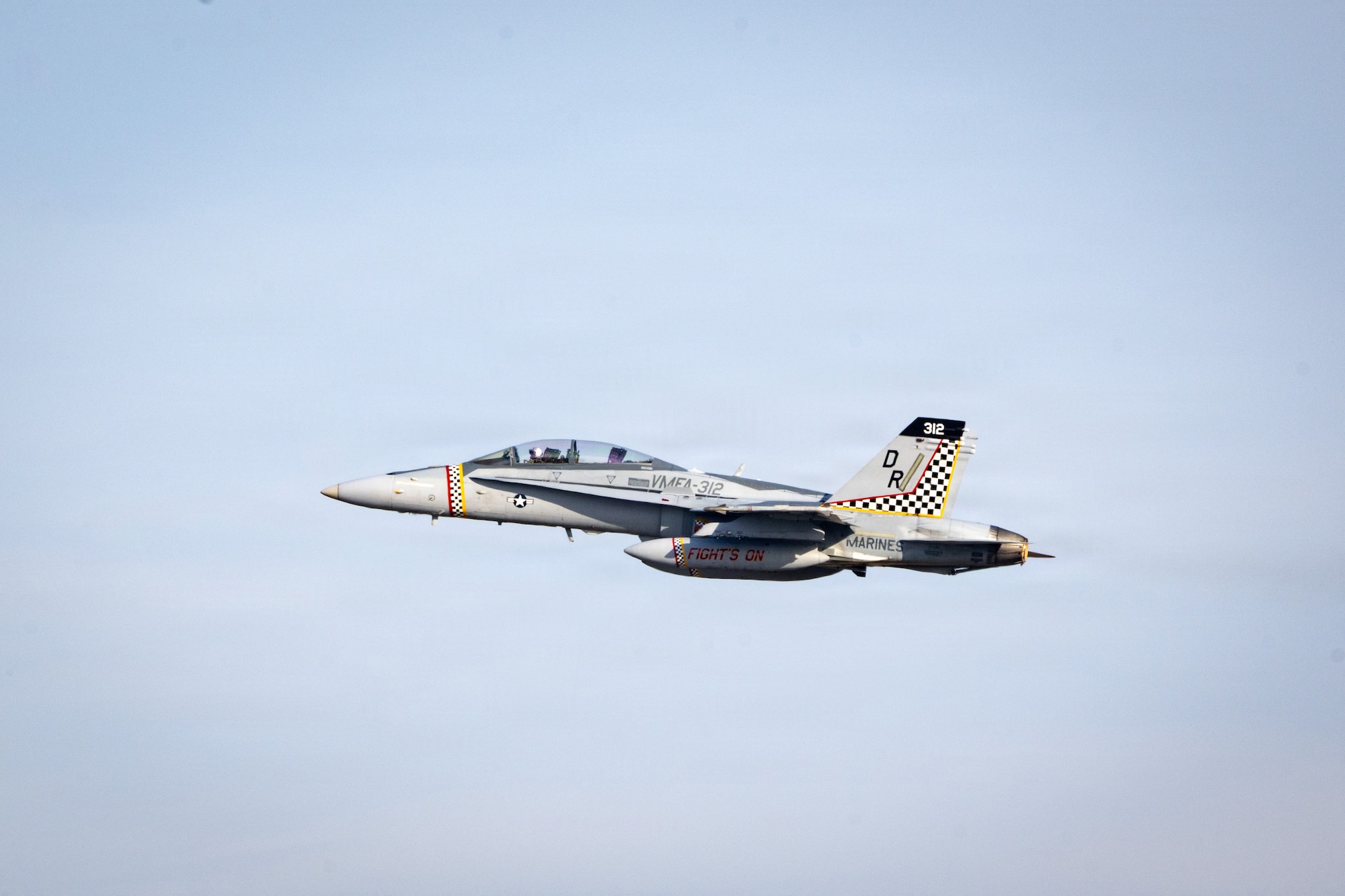 A U.S. Marine Corps F/A-18D Hornet assigned to Marine Fighter Attack Squadron (VMFA) 312 takes off during Combat Search and Rescue Training Exercise 26-1 at Moody Air Force Base, Georgia Jan. 13, 2026. The joint exercise integrated Marine Corps and Air Force aviation assets to practice coordinated flight operations in support of combat search and rescue missions in contested environments. (U.S. Air Force photo by Senior Airman Iain Stanley)
