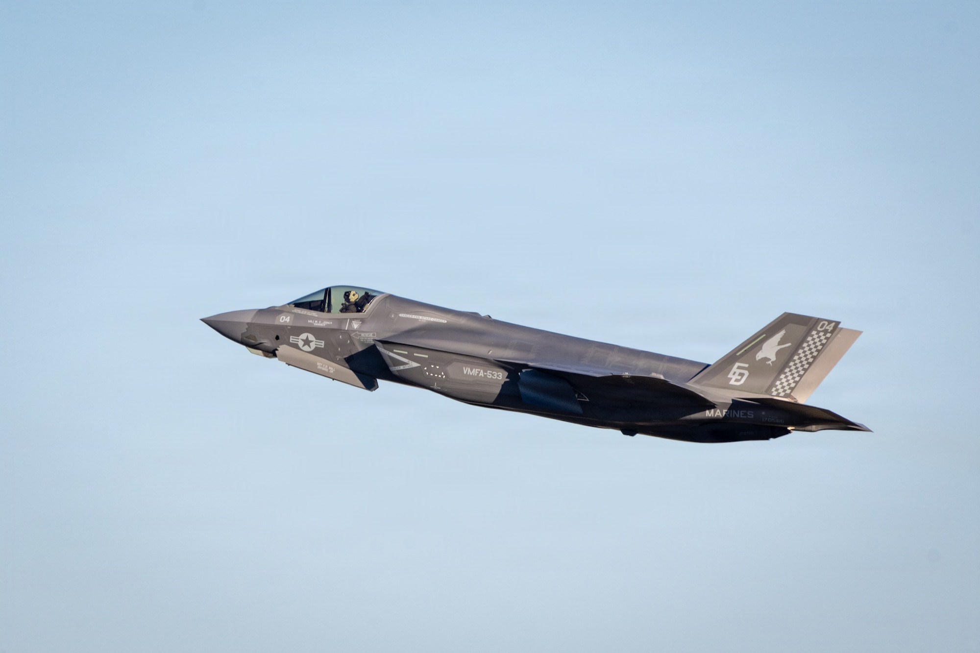 A U.S. Marine Corps F-35B Lightning II assigned to Marine Fighter Attack Squadron (VMFA) 533 takes off during Combat Search and Rescue Training Exercise 26-1 at Moody Air Force Base, Georgia. The joint exercise integrated Marine Corps and Air Force aviation assets to rehearse combat search and rescue flight operations in support of recovering isolated personnel in contested environments. (U.S. Air Force photo by Senior Airman Iain Stanley)