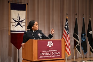 U.S. Space Force Col. Alison Gonzalez, commander of Space Delta 13, delivers remarks during the Captain’s Leadership Course kickoff ceremony conducted in partnership with Texas A&M University in College Station, Texas, Jan. 20, 2026.