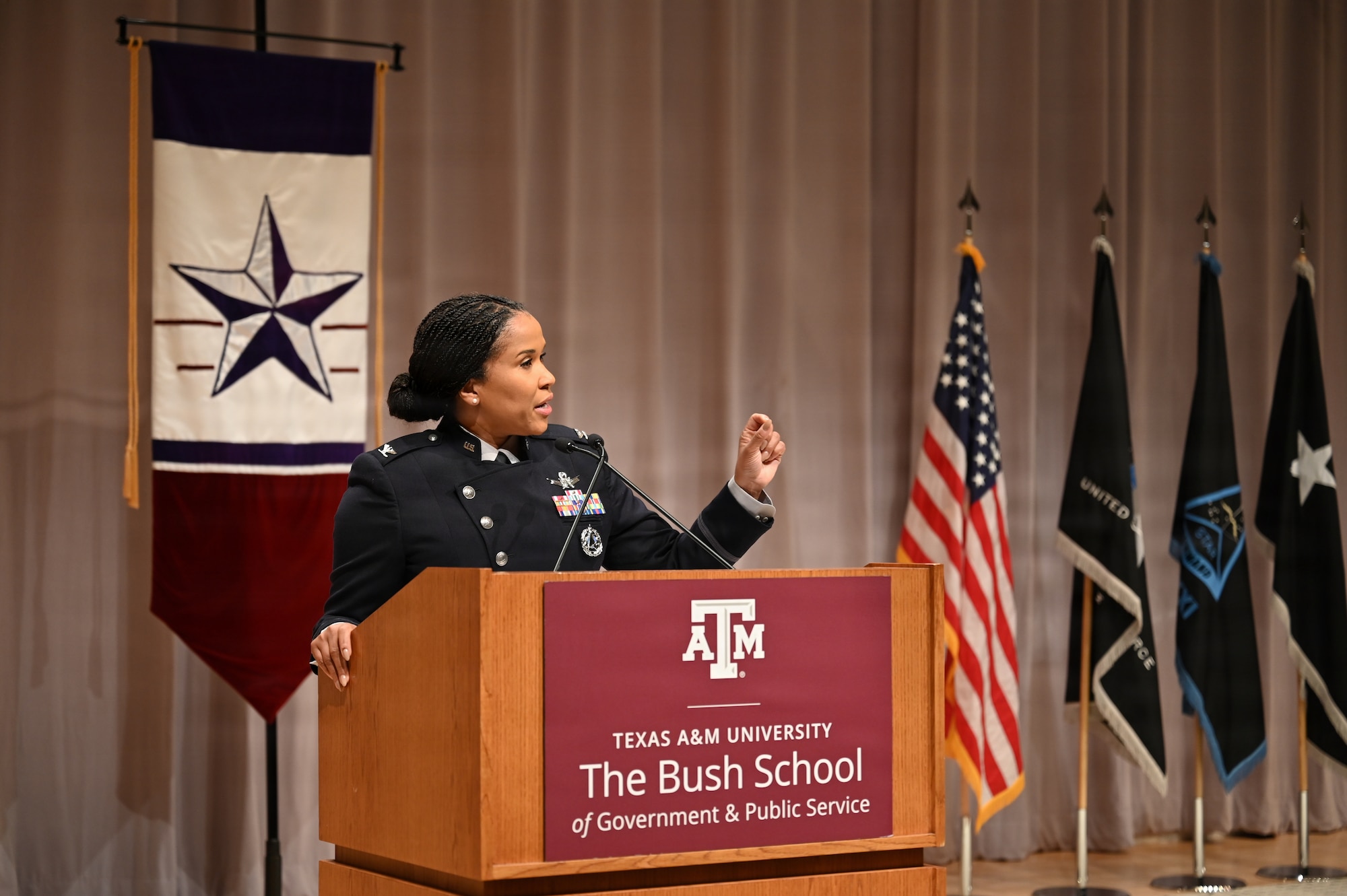 U.S. Space Force Col. Alison Gonzalez, commander of Space Delta 13, delivers remarks during the Captain’s Leadership Course kickoff ceremony conducted in partnership with Texas A&M University in College Station, Texas, Jan. 20, 2026. Space Delta 13 Detachment 2 manages execution of the course on behalf of Space Training and Readiness Command.