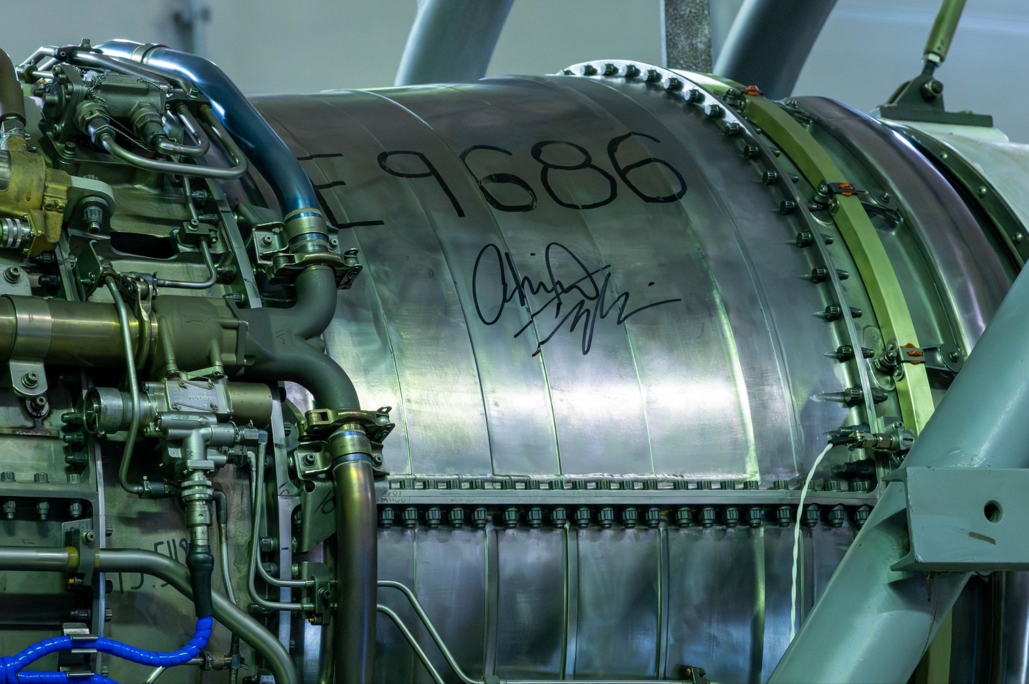 Comedian Gabriel “Fluffy” Iglesias autographed a U.S. Air Force F-16A Fighting Falcon engine during a United Service Organizations tour at Misawa Air Base, Japan, Jan. 17, 2026.