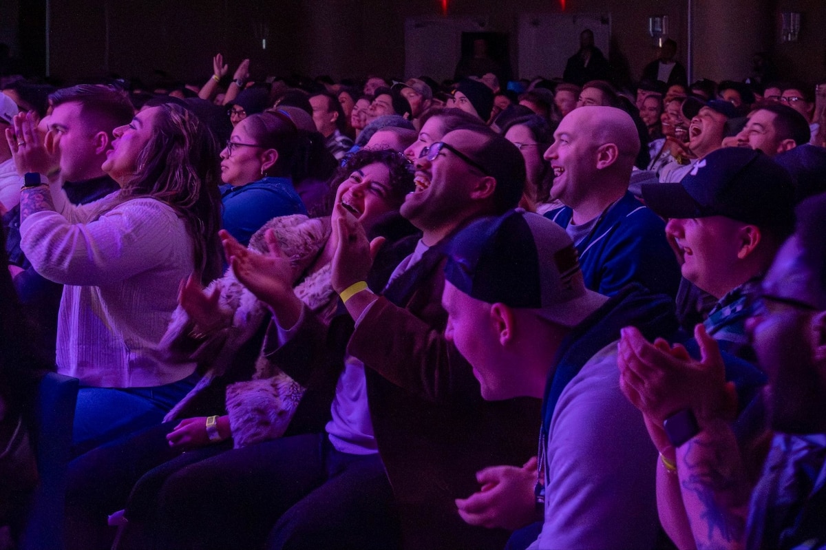 Team Misawa members attend a comedy show performed by comedian Gabriel “Fluffy” Iglesias during a United Service Organizations (USO) tour at Misawa Air Base, Japan, Jan. 17, 2026.