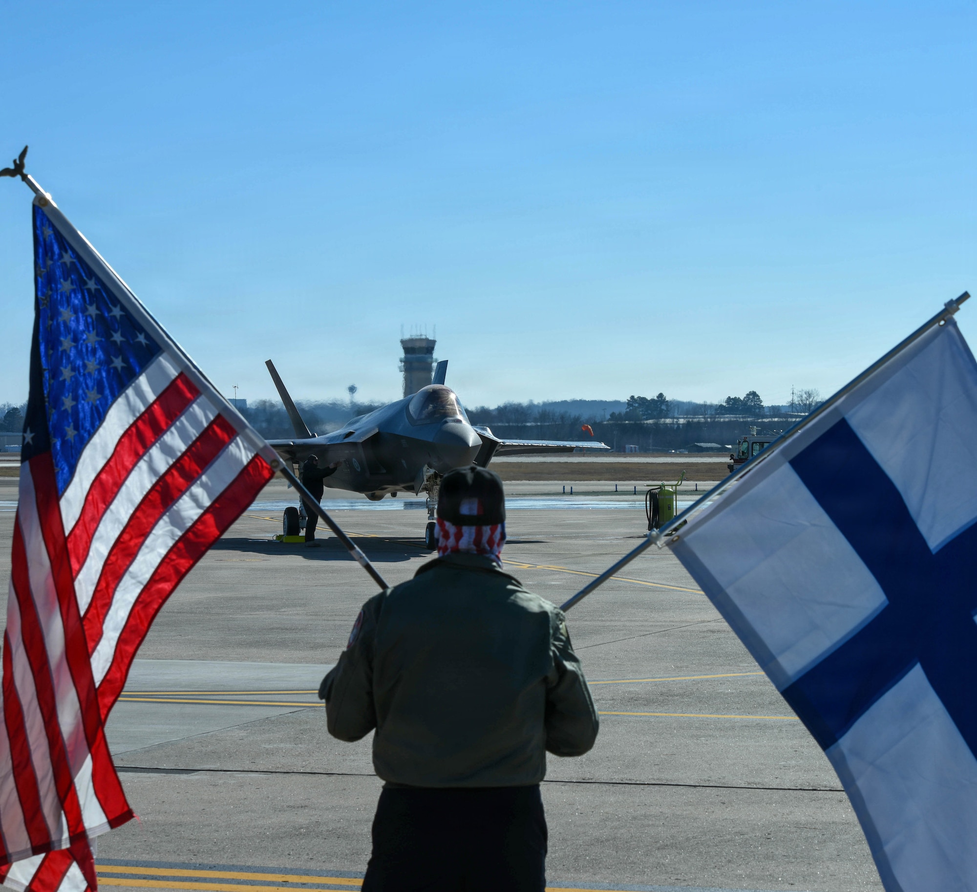 The first Finnish Air Force (FINAF) F-35A Lightning II arrives at Ebbing Air National Guard Base, Fort Smith, Ark. on Jan. 20, 2026. This marks a significant milestone in the security partnership between the United States and Finland. Over the next two years, approximately 18 FINAF pilots will undergo extensive training, with the program expected to conclude by Sept. 2027. (U.S. Air National Guard Master Sgt. Jessica Wilson)
