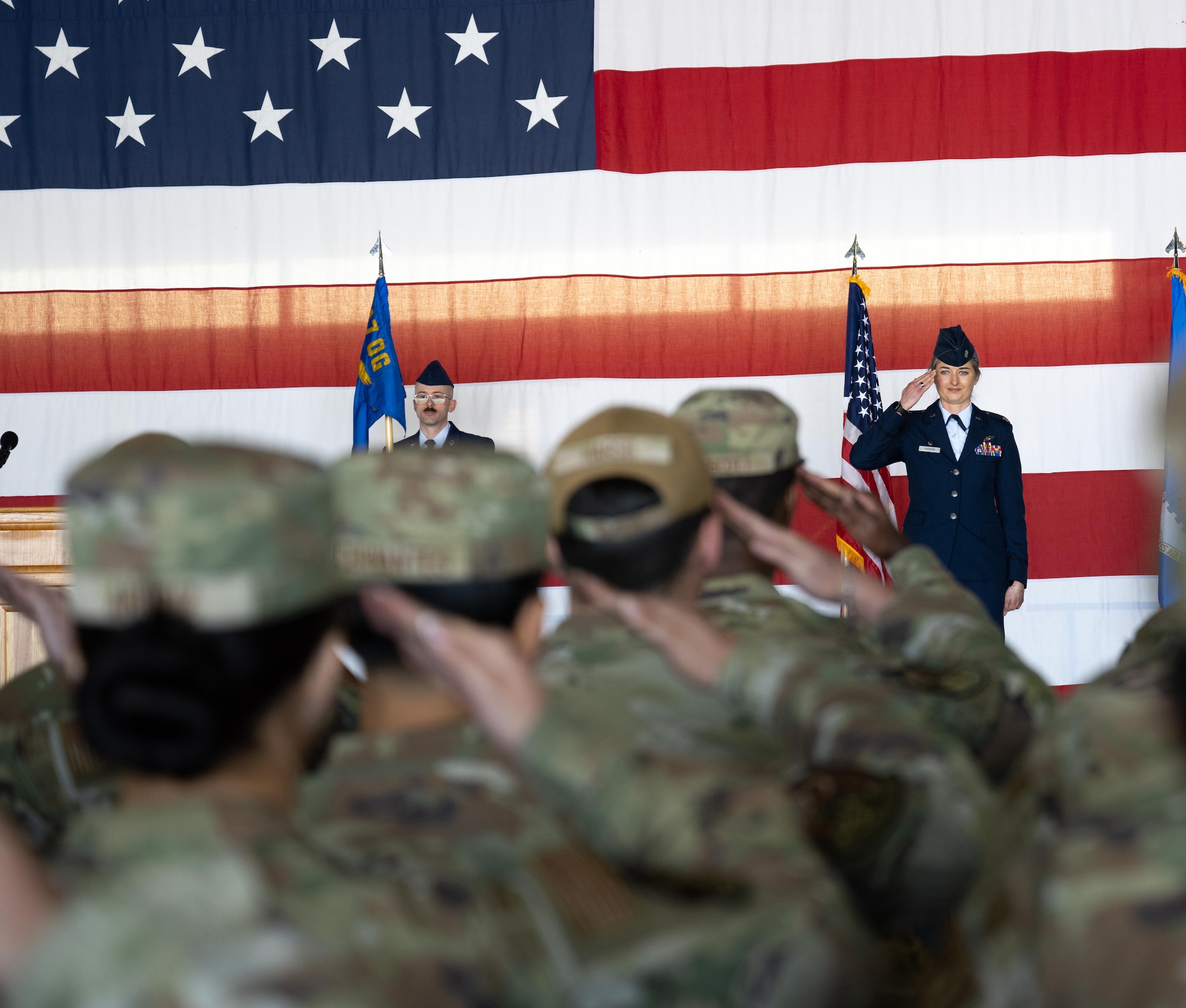 U.S. Air Force Lt. Col. Amanda Thorsen, 47th Operations Support Squadron (OSS) incoming commander, renders her first salute to Airmen of the 47th OSS during the change of command ceremony at Laughlin Air Force Base, Texas, Jan. 16, 2026. The 47th Operations Support Squadron provides mission-critical operational support to the 47th Flying Training Wing, enabling safe and effective pilot training through airfield management, weather forecasting, intelligence, scheduling, and command and control functions in support of daily flying operations at Laughlin Air Force Base. (U.S. Air Force photo by Airman 1st Class Harrison Sullivan)