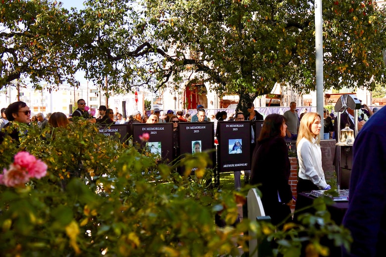 Tribute Placards are presented on easels Jan. 7 as the Palisades community rallies around Village Green after a procession, as a bell tolled 12 times for those lost in the wildfires. (Photo by Shawn Davis, USACE LA District Public Affairs)