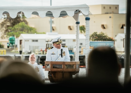 JOINT BASE PEARL HARBOR-HICKAM, Hawaii (Nov. 19, 2025) - Cmdr. Michael Humara, incoming commanding officer of Virginia-class fast-attack submarine USS Missouri (SSN 780), gives remarks during the change of command ceremony for Missouri on Joint Base Pearl Harbor-Hickam, Hawaii, Nov. 19, 2025. Missouri is assigned to Submarine Squadron 7 and is capable of supporting various missions, including anti-submarine warfare, anti-surface ship warfare, strike warfare, special operations forces support, and intelligence, surveillance, and reconnaissance. (U.S. Navy photo by Mass Communication Specialist 2nd Class Nicholas Russell)