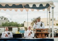 JOINT BASE PEARL HARBOR-HICKAM, Hawaii (Nov. 19, 2025) - Cmdr. Michael Humara, incoming commanding officer of Virginia-class fast-attack submarine USS Missouri (SSN 780), greets the crowd during the change of command ceremony for Missouri on Joint Base Pearl Harbor-Hickam, Hawaii, Nov. 19, 2025. Missouri is assigned to Submarine Squadron 7 and is capable of supporting various missions, including anti-submarine warfare, anti-surface ship warfare, strike warfare, special operations forces support, and intelligence, surveillance, and reconnaissance. (U.S. Navy photo by Mass Communication Specialist 2nd Class Nicholas Russell)