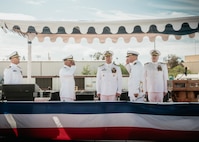 JOINT BASE PEARL HARBOR-HICKAM, Hawaii (Nov. 19, 2025) - Cmdr. Michael Humara, incoming commanding officer of Virginia-class fast-attack submarine USS Missouri (SSN 780), second from right, salutes Cmdr. Gieorag Andrews, outgoing commanding officer of Missouri, second from left, while Capt. Jeffrey Fassbender, commander, Submarine Squadron 7, center, observes during the Missouri’s change of command ceremony on Joint Base Pearl Harbor-Hickam, Hawaii, Nov. 19, 2025. Missouri is assigned to Submarine Squadron 7 and is capable of supporting various missions, including anti-submarine warfare, anti-surface ship warfare, strike warfare, special operations forces support, and intelligence, surveillance, and reconnaissance. (U.S. Navy photo by Mass Communication Specialist 2nd Class Nicholas Russell)