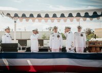 JOINT BASE PEARL HARBOR-HICKAM, Hawaii (Nov. 19, 2025) - Cmdr. Michael Humara, incoming commanding officer of Virginia-class fast-attack submarine USS Missouri (SSN 780), second from right, salutes Cmdr. Gieorag Andrews, outgoing commanding officer of Missouri, second from left, while Capt. Jeffrey Fassbender, commander, Submarine Squadron 7, center, observes during the Missouri’s change of command ceremony on Joint Base Pearl Harbor-Hickam, Hawaii, Nov. 19, 2025. Missouri is assigned to Submarine Squadron 7 and is capable of supporting various missions, including anti-submarine warfare, anti-surface ship warfare, strike warfare, special operations forces support, and intelligence, surveillance, and reconnaissance. (U.S. Navy photo by Mass Communication Specialist 2nd Class Nicholas Russell)