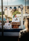 JOINT BASE PEARL HARBOR-HICKAM, Hawaii (Nov. 19, 2025) - Capt. Jeffrey Fassbender, commander, Submarine Squadron 7, gives remarks during the change of command ceremony for Virginia-class fast-attack submarine USS Missouri (SSN 780) at Joint Base Pearl Harbor-Hickam, Hawaii, Nov. 19, 2025. Missouri is assigned to Submarine Squadron 7 and is capable of supporting various missions, including anti-submarine warfare, anti-surface ship warfare, strike warfare, special operations forces support, and intelligence, surveillance, and reconnaissance. (U.S. Navy photo by Mass Communication Specialist 2nd Class Nicholas Russell)