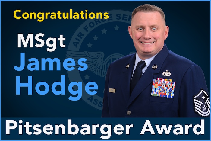 A photograph of MSgt James Hodge with text congratulating him on his selection for the Pitsenbarger Award.