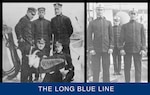 (Left Image) Elmer Stone (standing left) posing with other officers and mascot of Cutter Onondaga. (U.S. Coast Guard). (Right Image) Cadet Elmer Stone (standing right) posing with other cadets on board a revenue cutter. (U.S. Coast Guard)