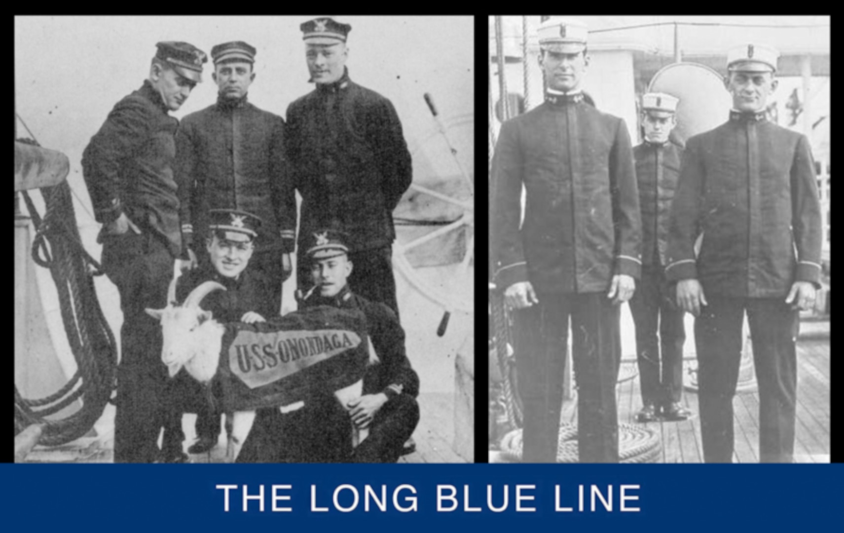 (Left Image) Elmer Stone (standing left) posing with other officers and mascot of Cutter Onondaga. (U.S. Coast Guard). (Right Image) Cadet Elmer Stone (standing right) posing with other cadets on board a revenue cutter. (U.S. Coast Guard)