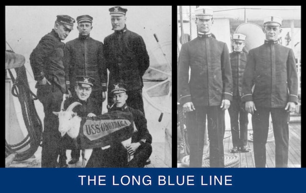 (Left Image) Elmer Stone (standing left) posing with other officers and mascot of Cutter Onondaga. (U.S. Coast Guard). (Right Image) Cadet Elmer Stone (standing right) posing with other cadets on board a revenue cutter. (U.S. Coast Guard)