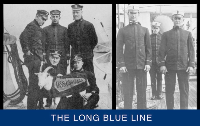 (Left Image) Elmer Stone (standing left) posing with other officers and mascot of Cutter Onondaga. (U.S. Coast Guard). (Right Image) Cadet Elmer Stone (standing right) posing with other cadets on board a revenue cutter. (U.S. Coast Guard)