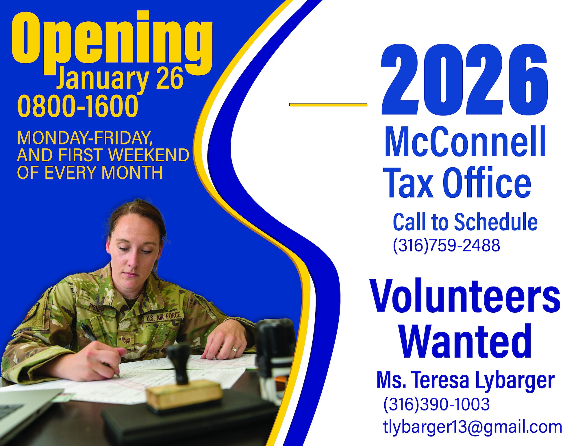 The 2026 Tax Office graphic informs viewers of the opening date, and hours of operation for the tax office at McConnell Air Force Base, Kansas.